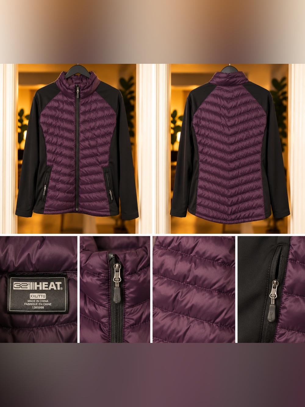 32 Degrees Plum Quilted Puffer Jacket with Black Panels